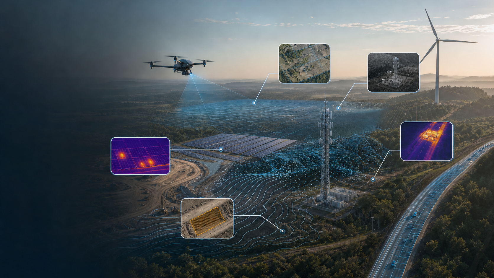 Drone above solar, telecom, and construction infrastructure