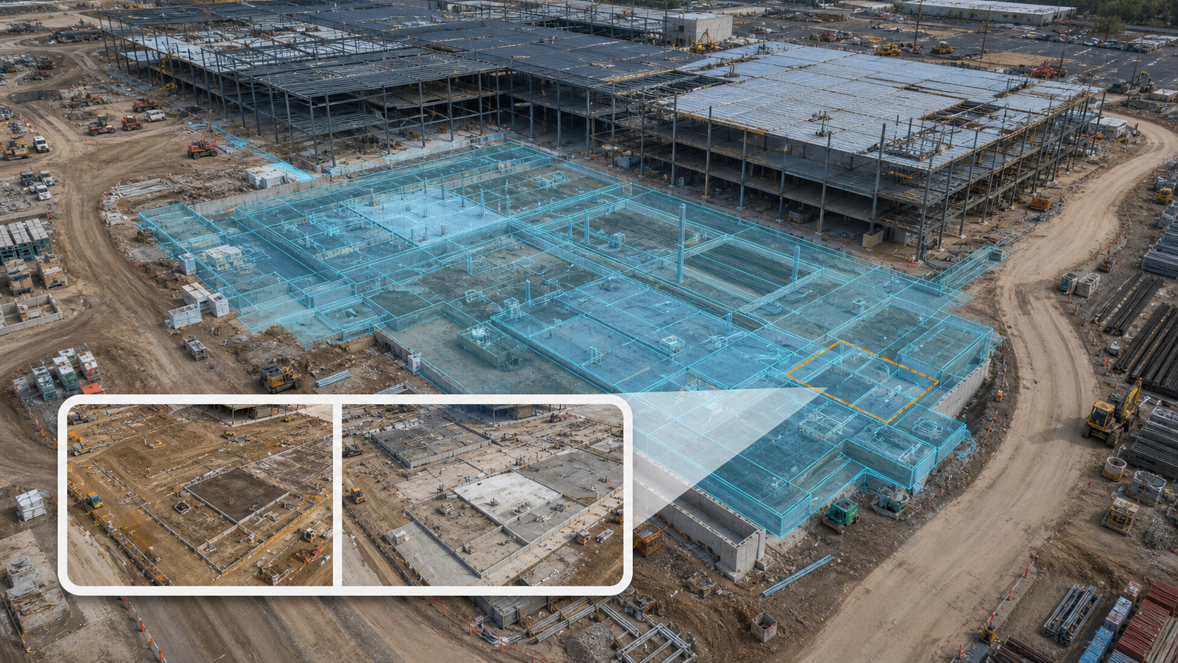 Aerial construction view showing foundations, earthwork, and completed structural bays