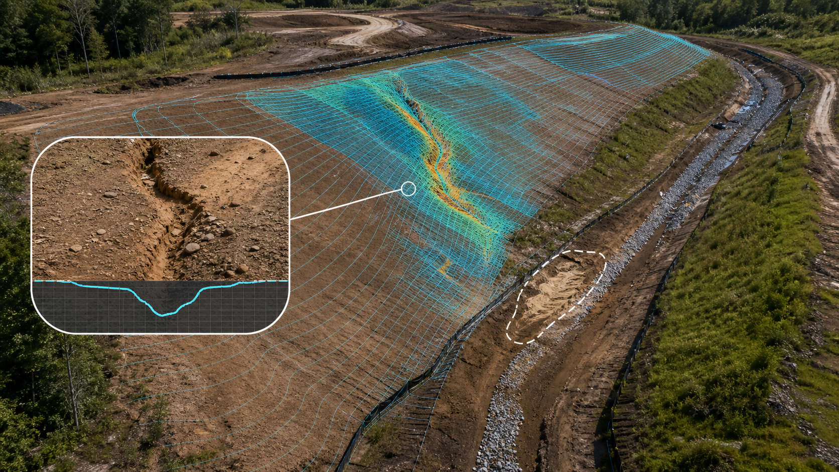 Graded site after rain showing drainage paths, slopes, and sediment controls