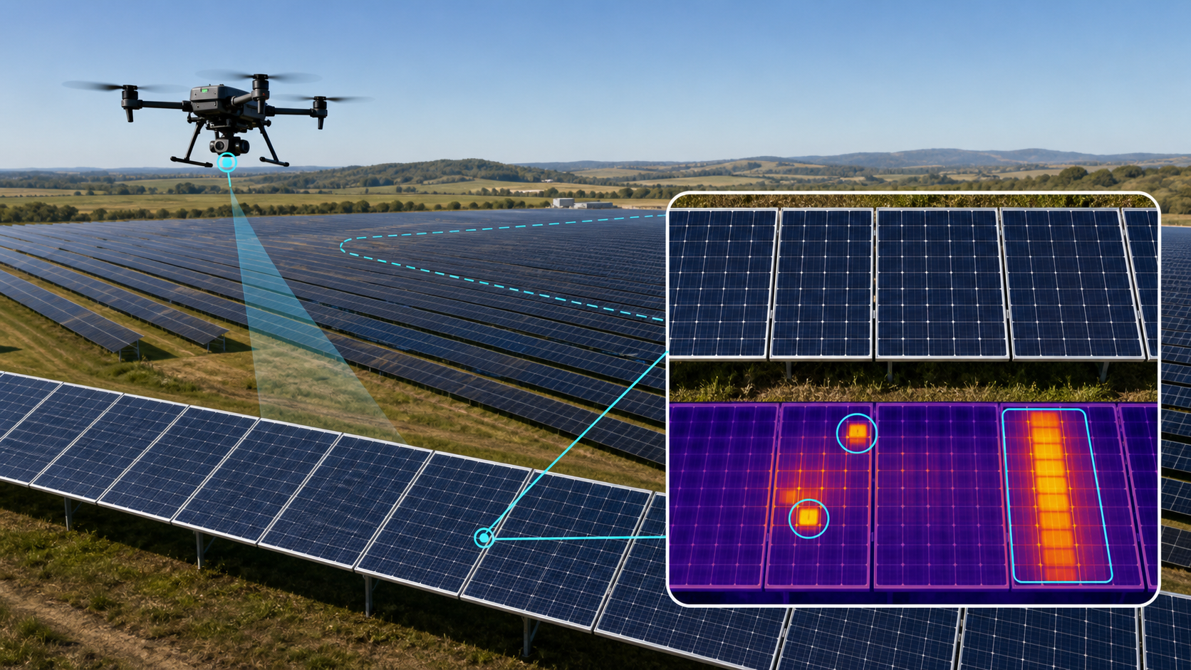 Solar array shown in visible light and radiometric thermal interpretation