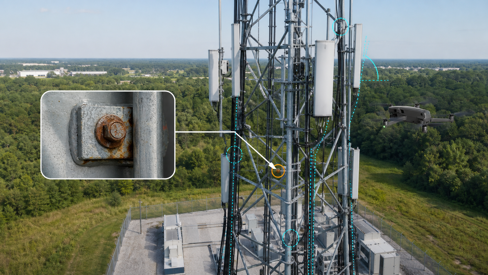 Drone inspecting antenna and mount details on a telecom tower