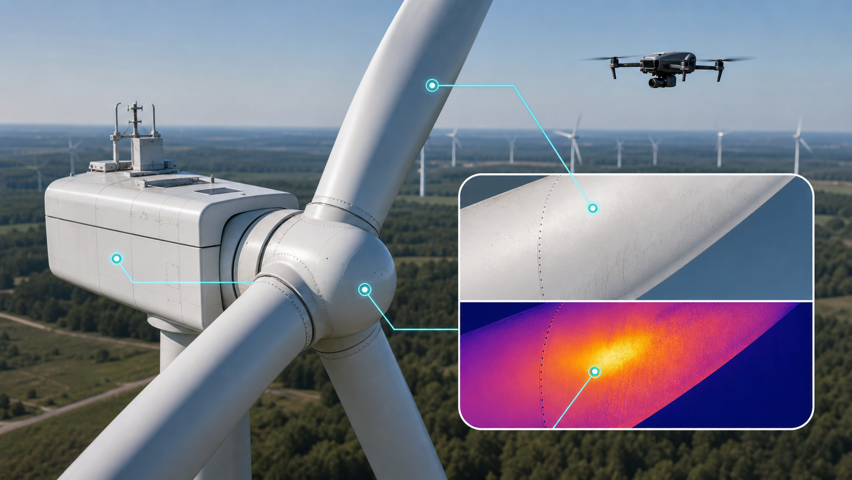 Drone screening a wind turbine nacelle with visual and thermal sensors